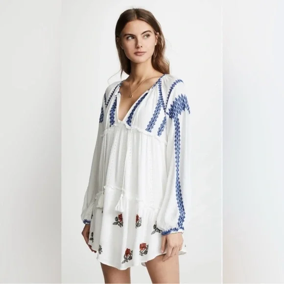 Free People Wild Horses Boho Ethereal Embroidered Mini Dress White Blue XS - Picture 3 of 15